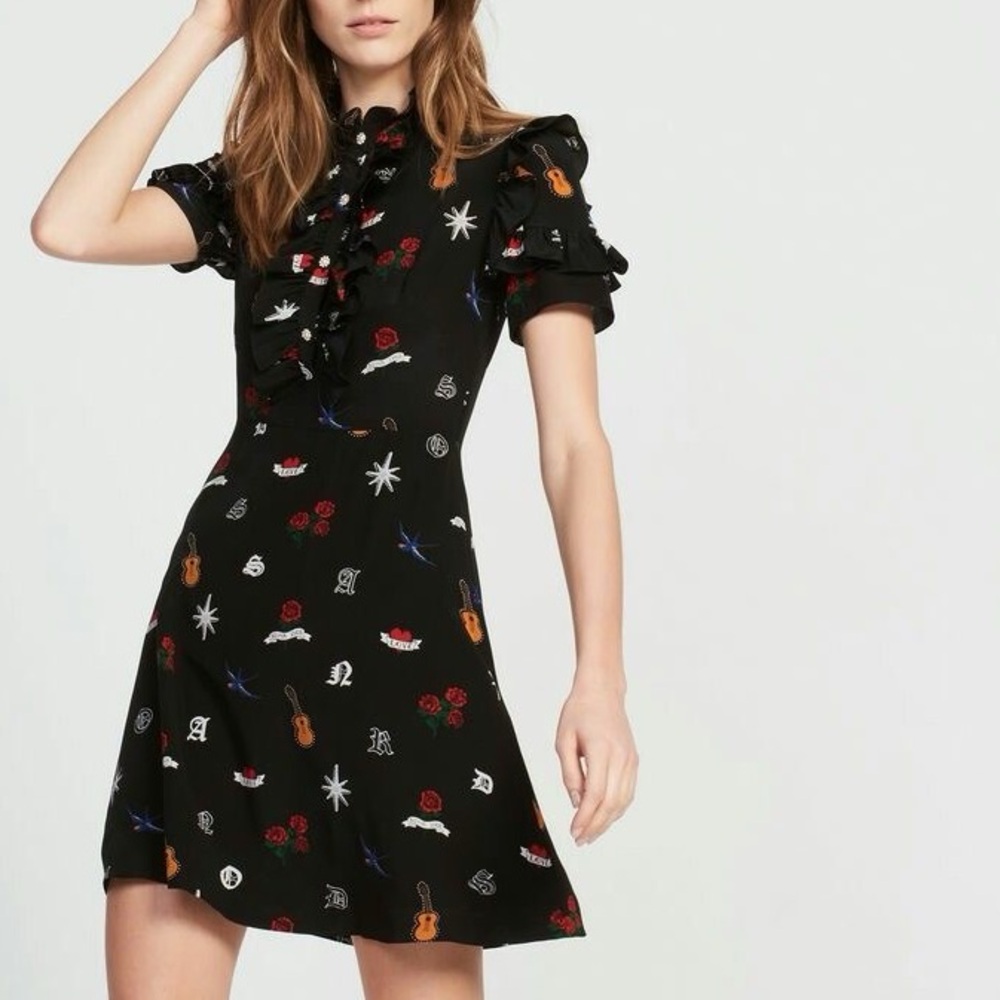 Sandro Black Mini Dress with Multicolor Embroidered Motifs